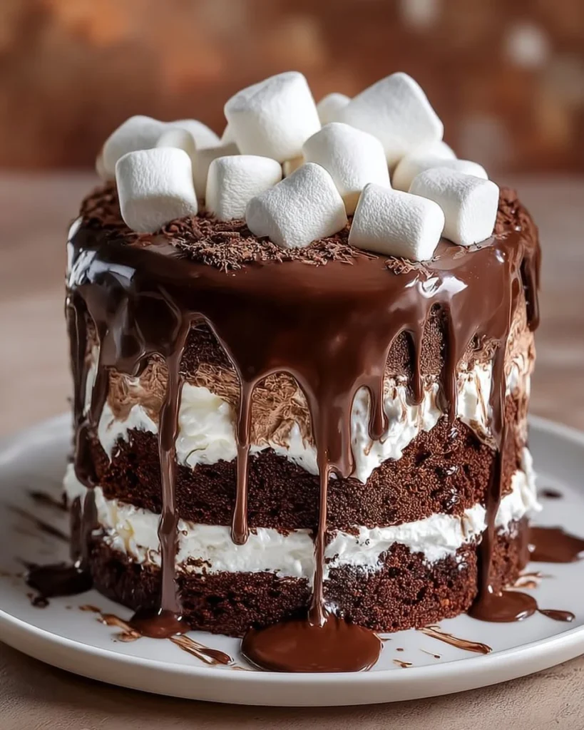 Delicious Marshmallow Chocolate Poke Cake topped with chocolate and marshmallow cream