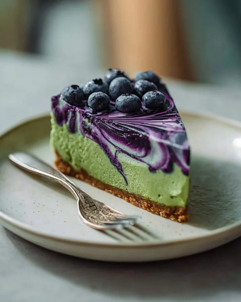 Slice of matcha cheesecake with blueberry swirl on a white plate