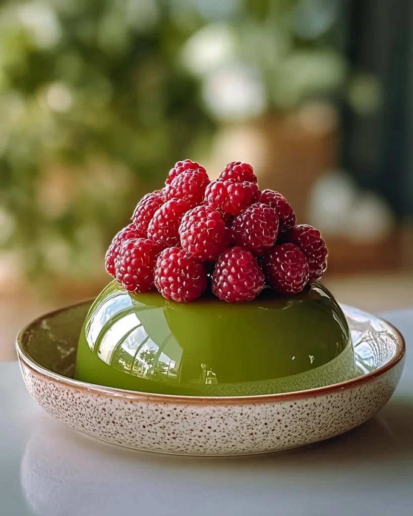 Matcha Raspberry Dome Cake with vibrant raspberry topping and green matcha glaze.