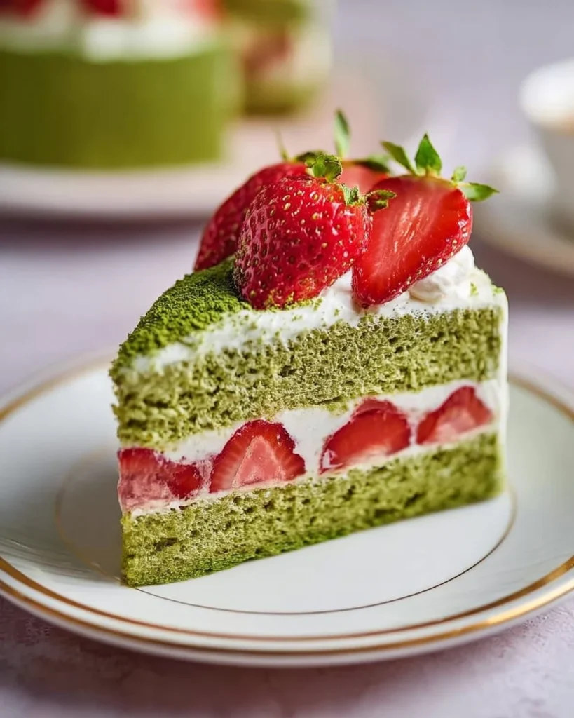 Delicious Matcha Strawberry Shortcake with fresh strawberries and creamy layers.