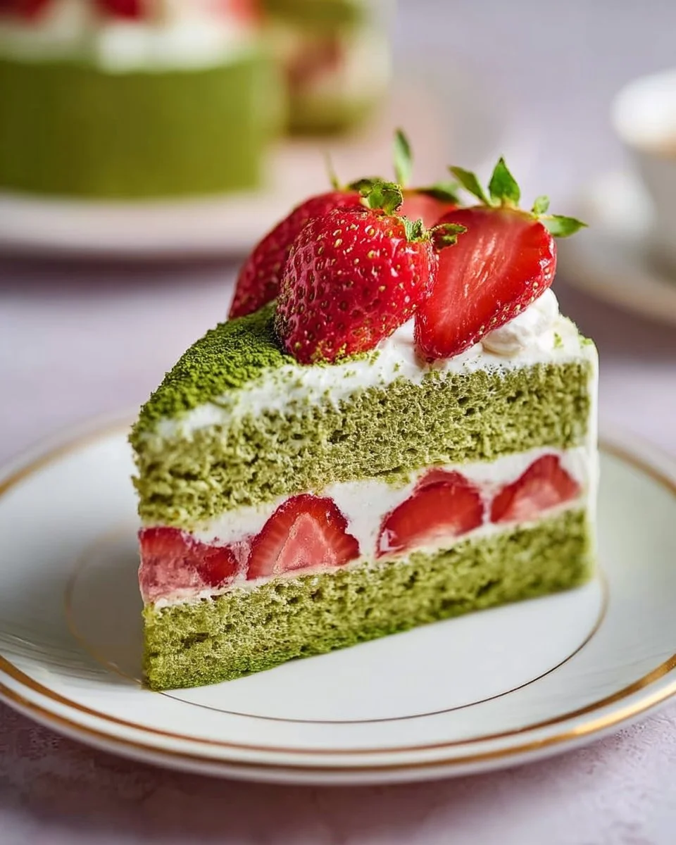 Delicious Matcha Strawberry Shortcake with fresh strawberries and creamy layers.