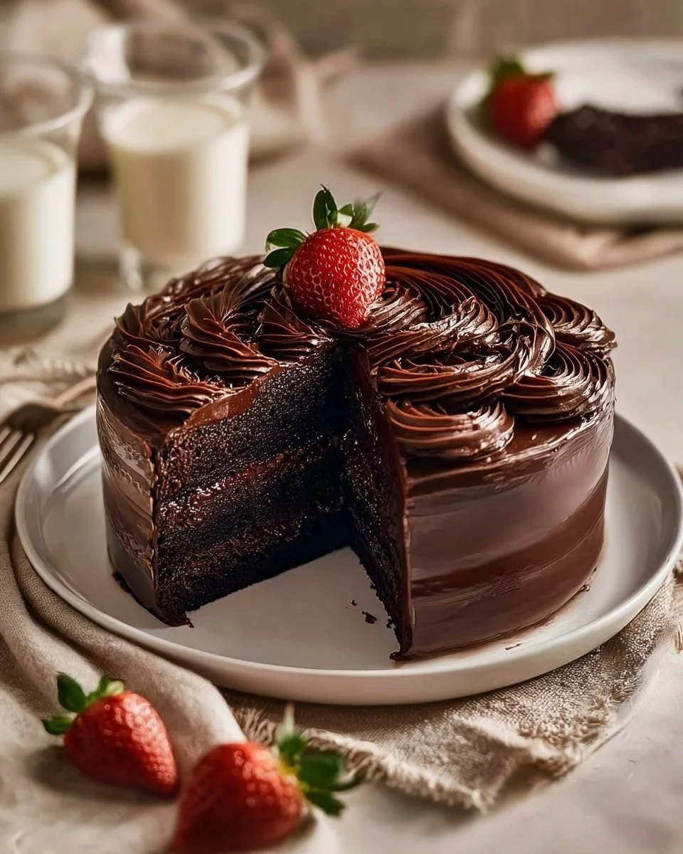 Matilda's Rich Chocolate Cake with creamy frosting and chocolate shavings