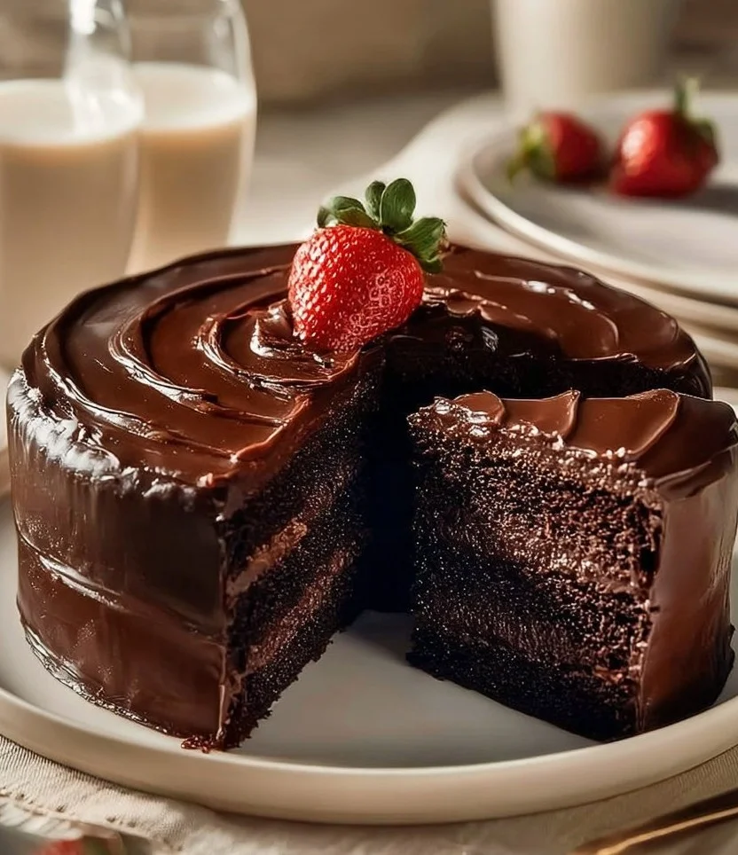 A slice of Matilda's rich chocolate cake topped with chocolate ganache and sprinkles.