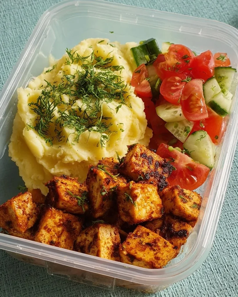 Meal prep chicken served with creamy mash and fresh vegetables for a balanced meal