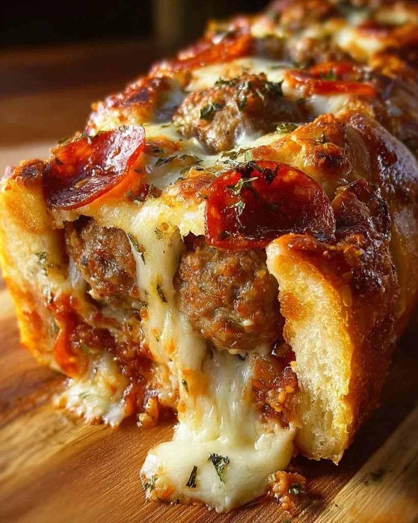Delicious Meat Lovers Pizza Bread topped with various meats and cheese.