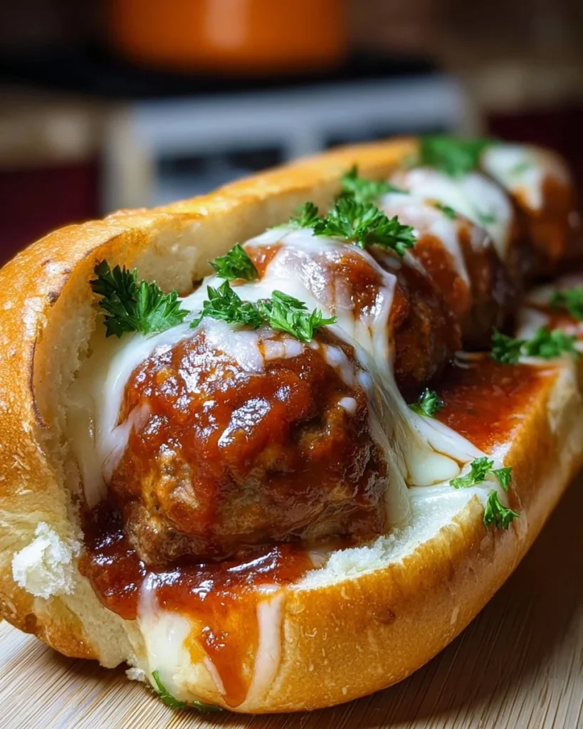 Delicious meatball grinder topped with marinara sauce and mozzarella cheese