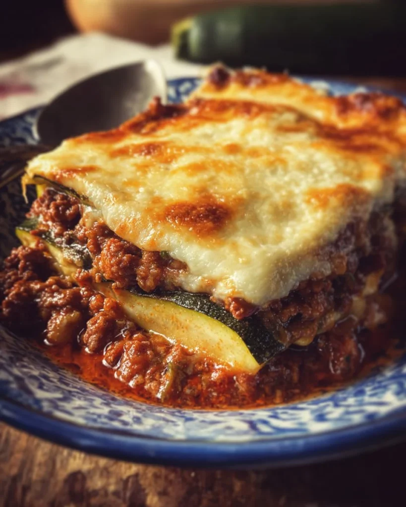 Vegetarian Greek Moussaka dish served in a dish, featuring layers of vegetables and sauce.