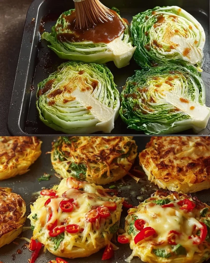 Mediterranean baked cabbage topped with cheese and creamy sauce.