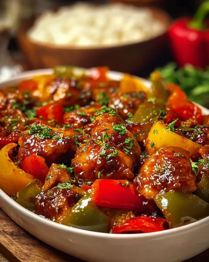 Mediterranean Baked Chicken Thighs with Bell Peppers on a serving plate
