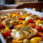 Mediterranean baked cod with cherry tomatoes and peppers on a plate.
