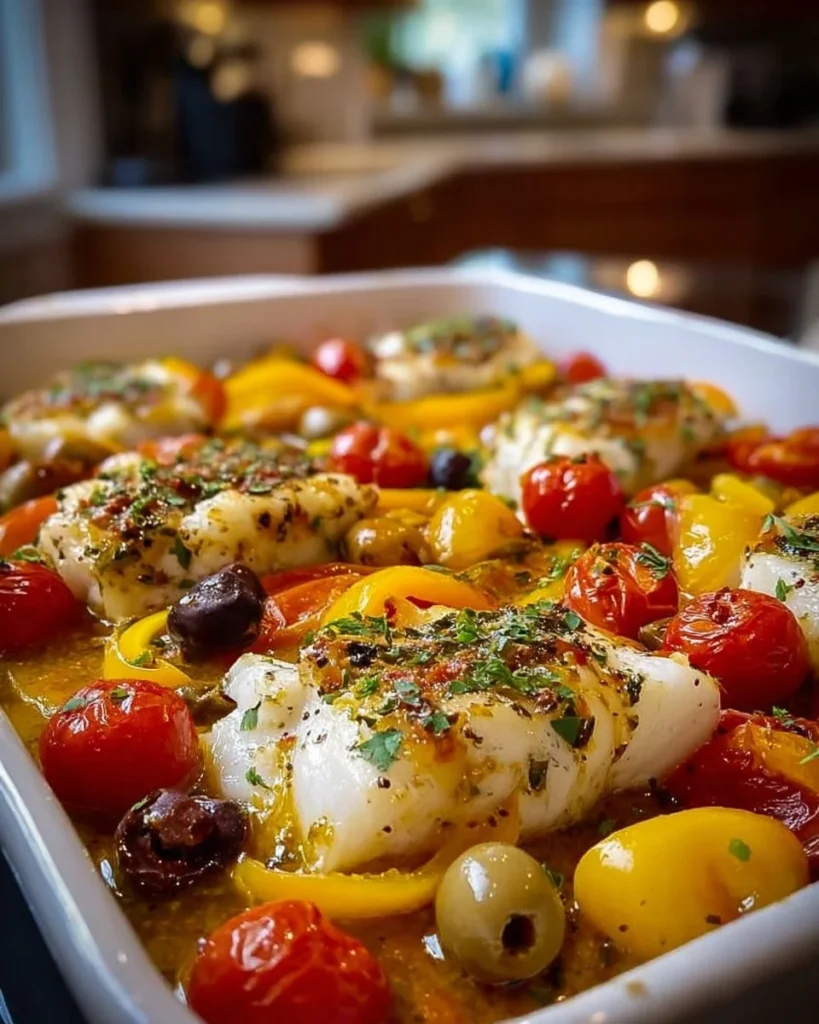 Mediterranean baked cod with cherry tomatoes and peppers on a plate.