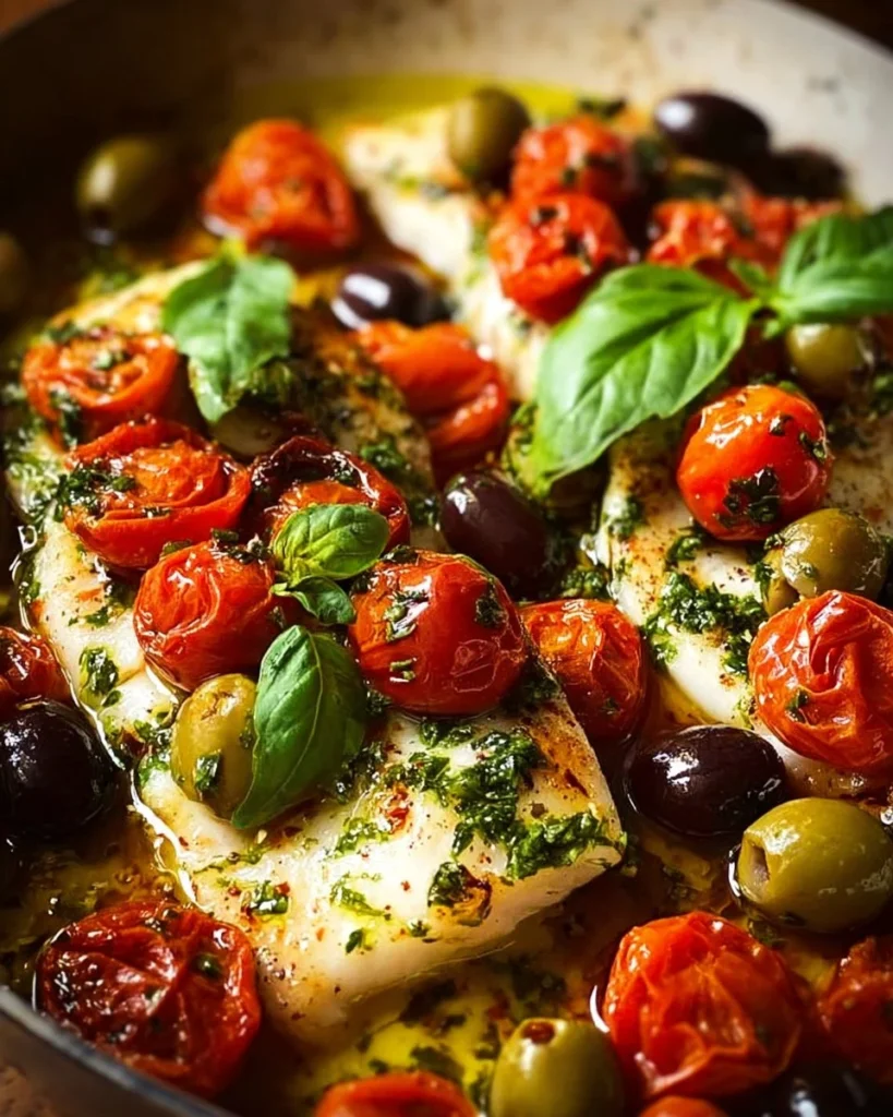 Mediterranean baked fish served with fresh herbs and lemon