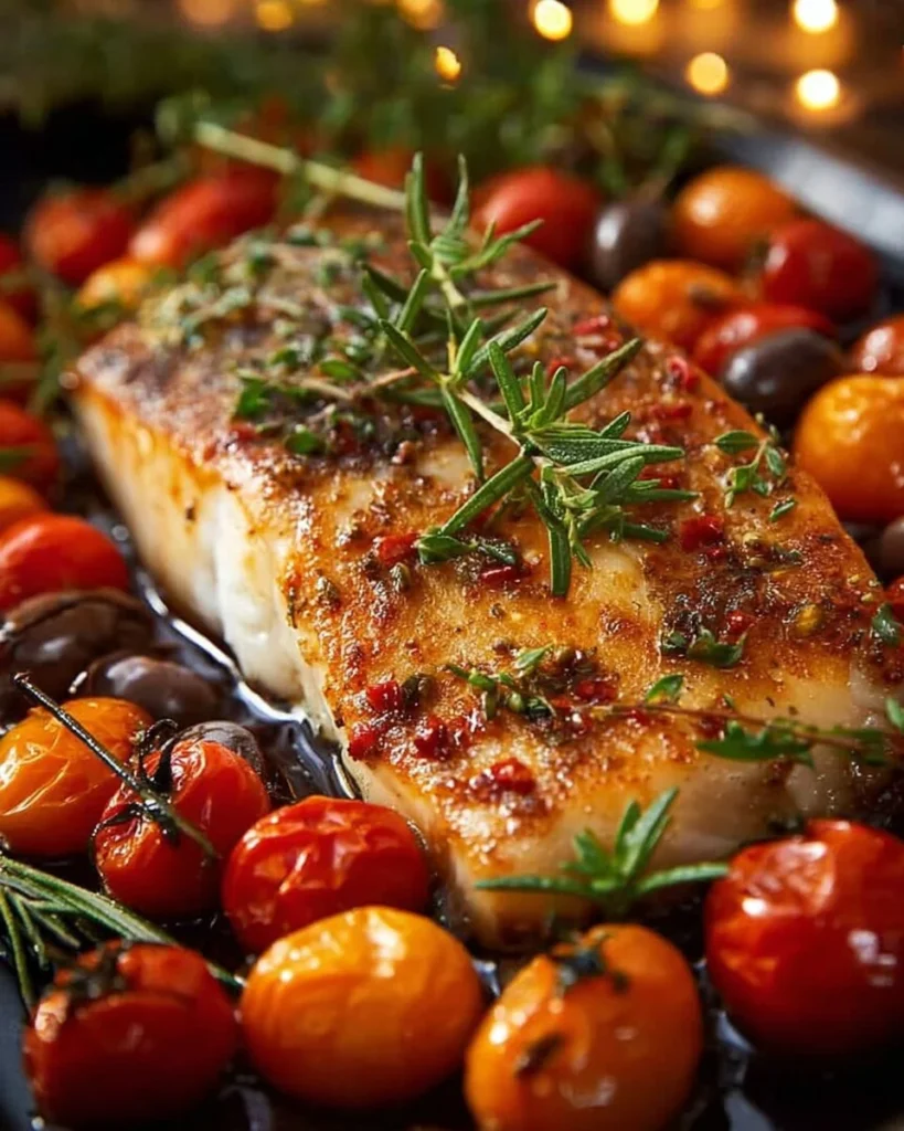 Mediterranean Baked Fish Delight served with herbs and lemon slices