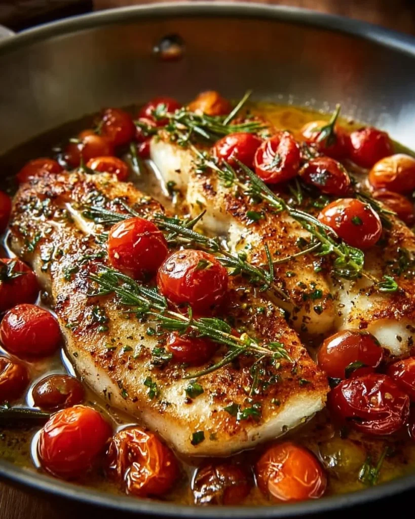 Mediterranean baked fish served with herbs and lemon on a plate