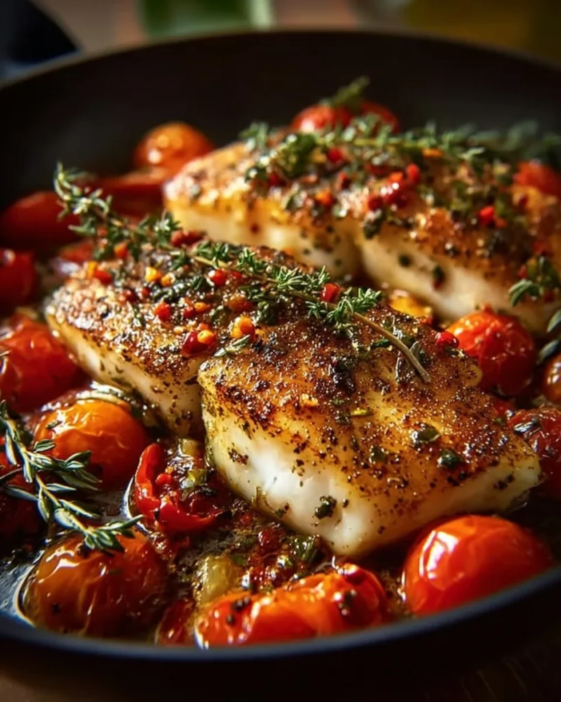 Mediterranean baked fish garnished with fresh herbs and served on a plate