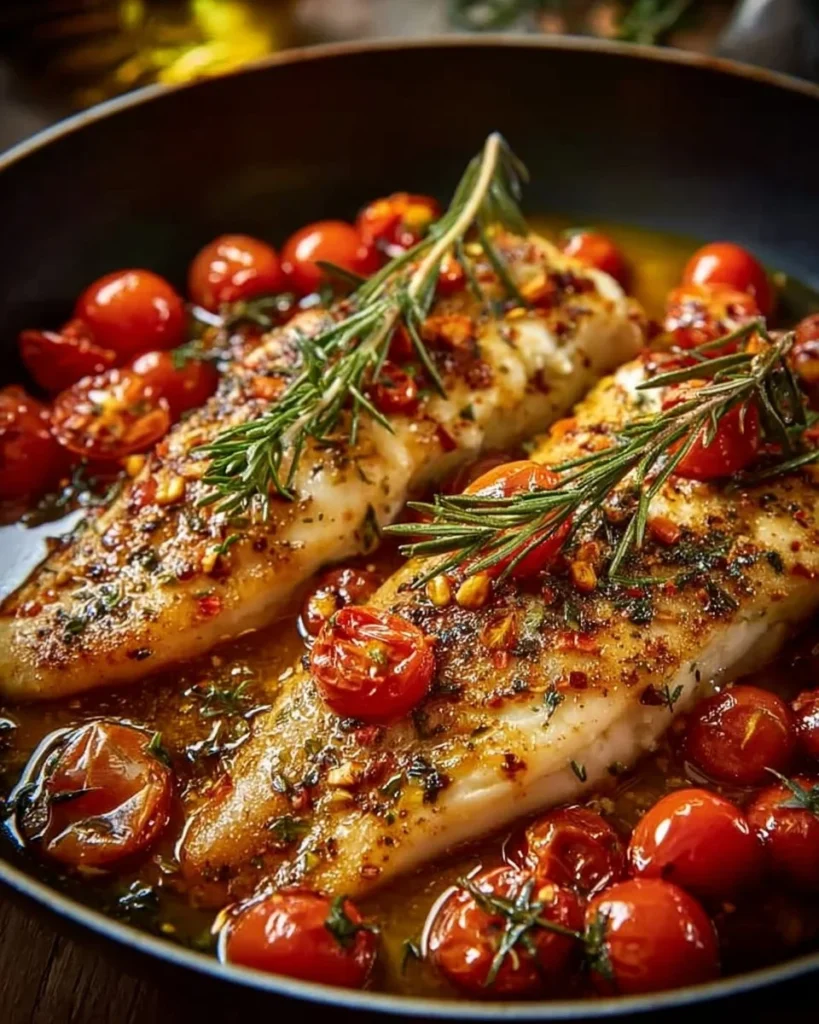 Mediterranean baked fish served with herbs and lemon on a plate
