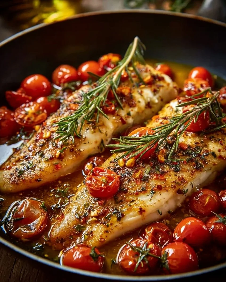 Mediterranean baked fish served with herbs and lemon on a plate