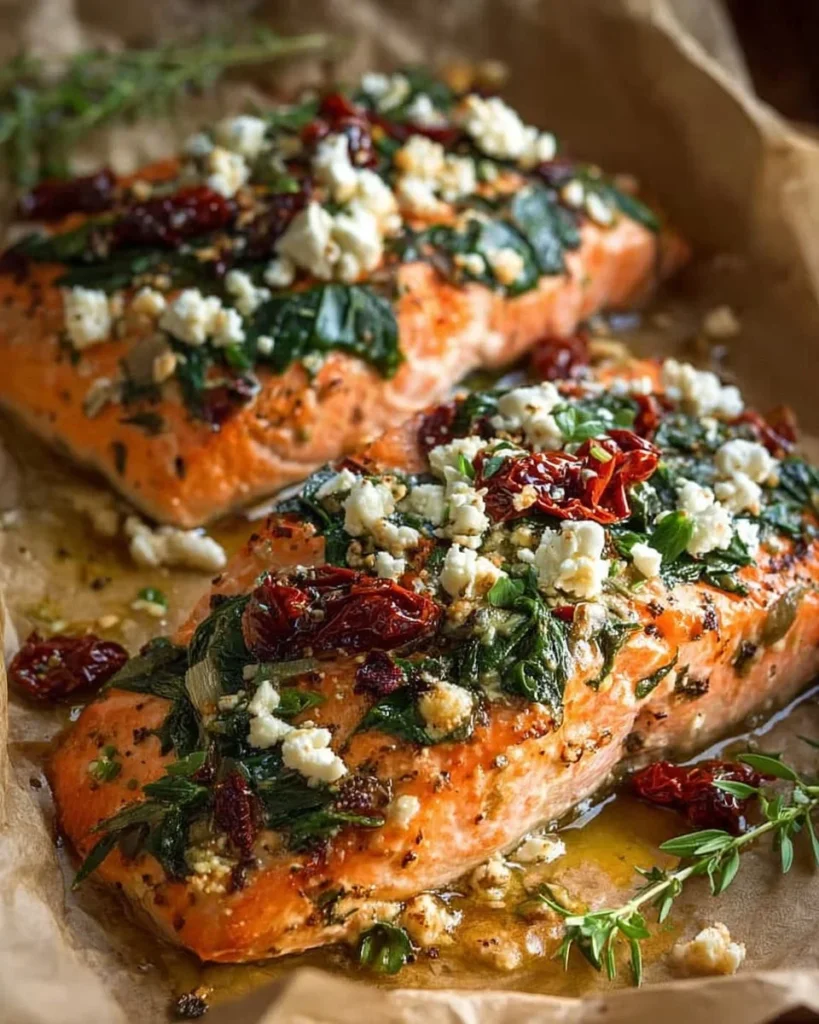 Mediterranean baked salmon topped with feta cheese and sun-dried tomatoes