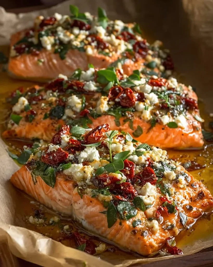 Mediterranean baked salmon topped with feta cheese and sun-dried tomatoes
