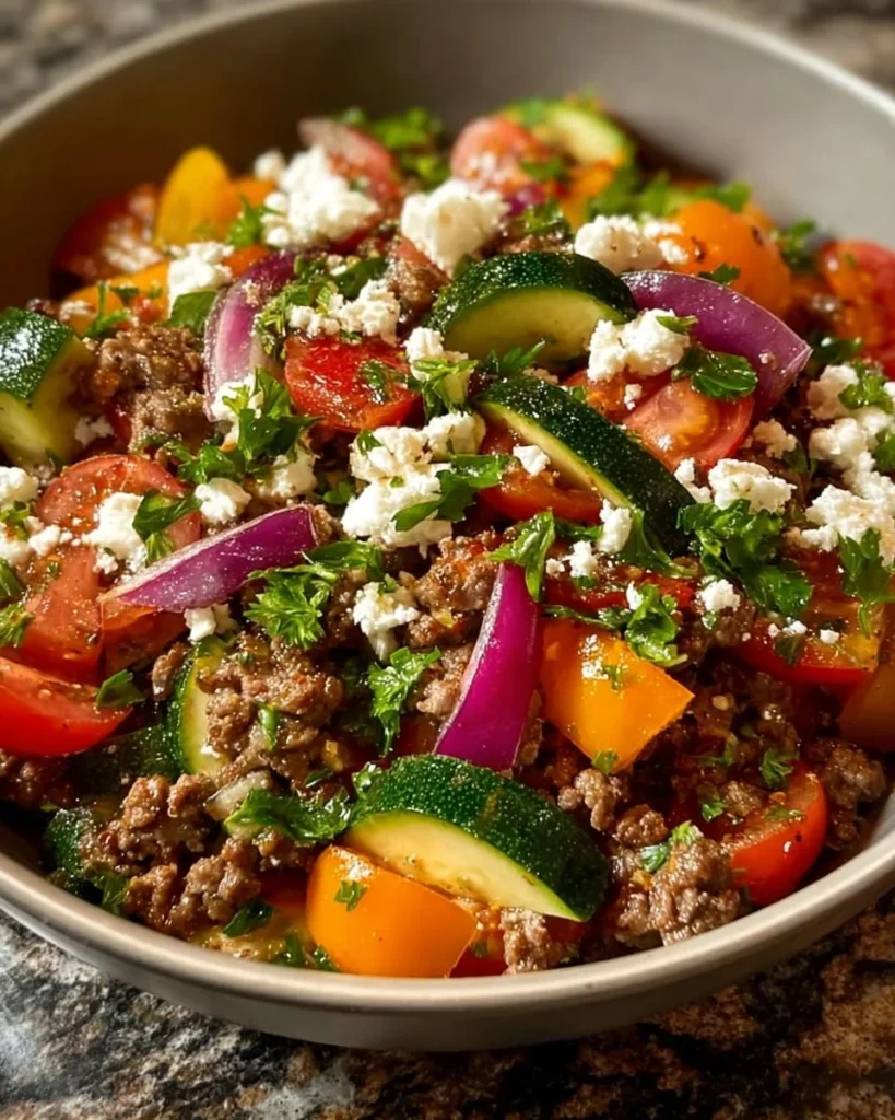Delicious Mediterranean Beef & Veggie Skillet with vibrant colors and fresh ingredients.