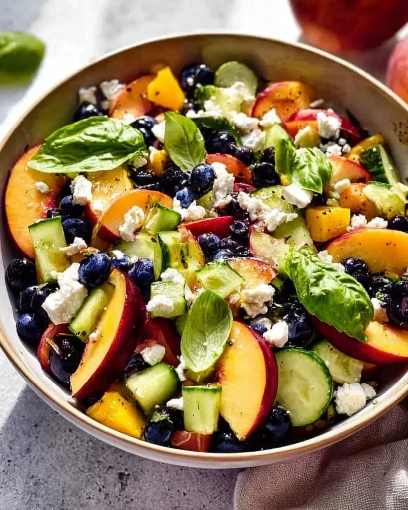 Mediterranean blueberry cucumber and peach feta salad in a bowl