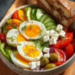 Colorful Mediterranean breakfast plate with olives, feta, tomatoes, and pita