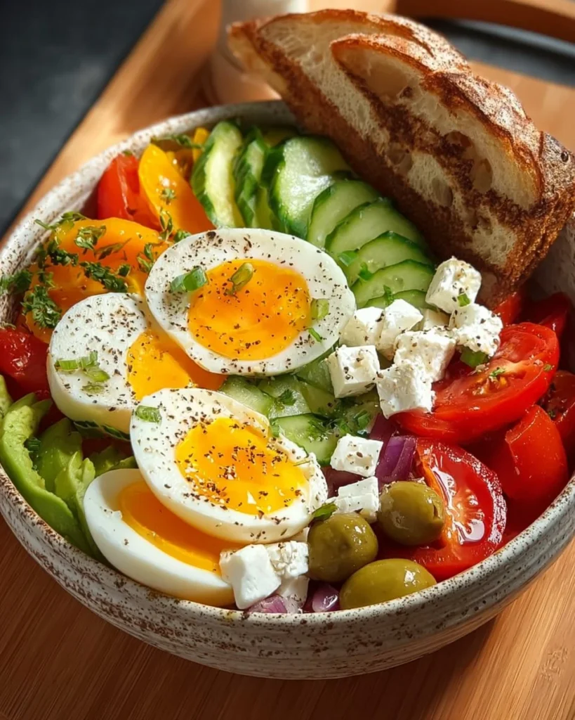 Colorful Mediterranean breakfast plate with olives, feta, tomatoes, and pita