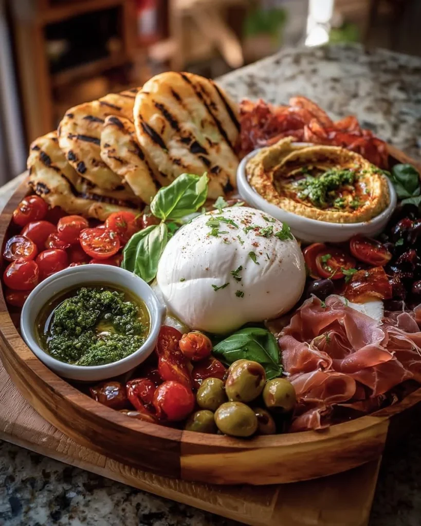 Mediterranean Burrata Board with fresh ingredients and artisanal bread