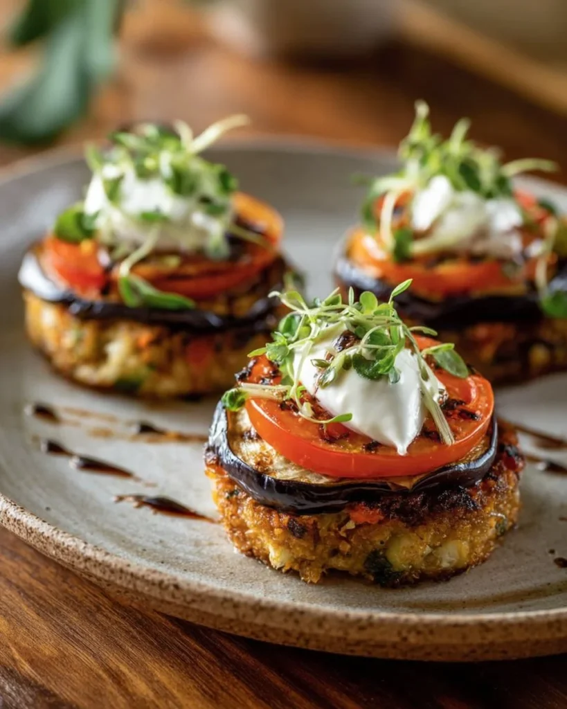 Mediterranean Burrata and roasted eggplant stack plated beautifully