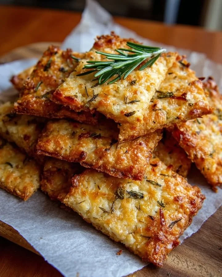 Mediterranean cheese crackers served on a wooden platter with herbs