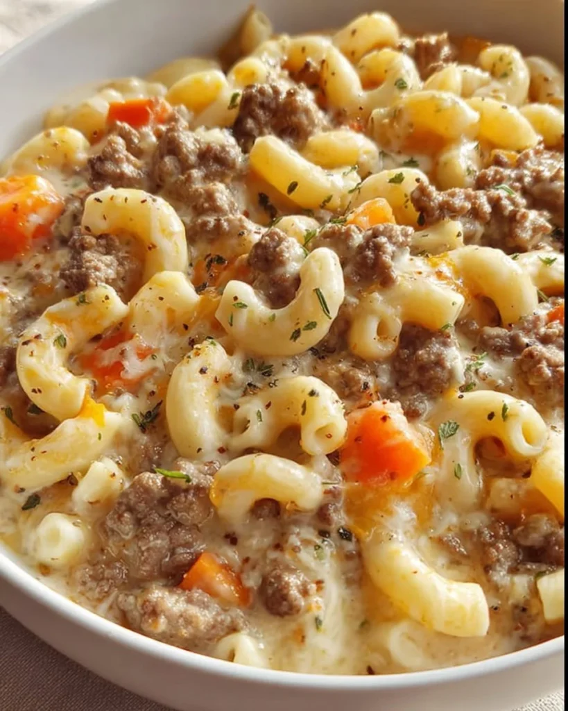A bowl of Mediterranean Cheeseburger Macaroni Soup topped with herbs and spices.