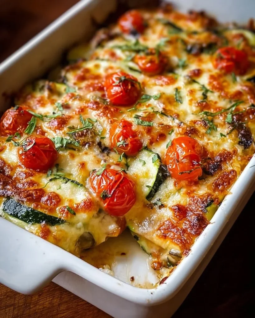 Mediterranean Cheesy Baked Zucchini Casserole served in a dish