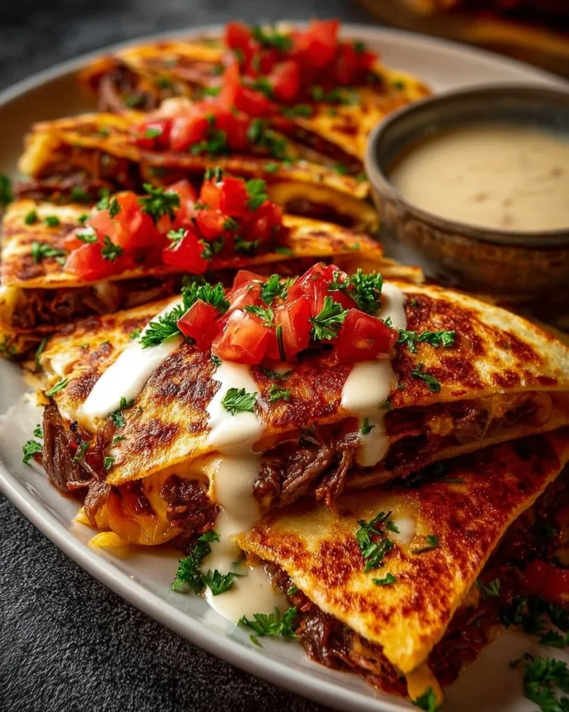 Mediterranean cheesy beef flatbread quesadilla with melted cheese and herbs