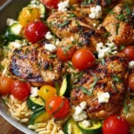 Mediterranean Chicken and Orzo Skillet featuring fresh vegetables and herbs.