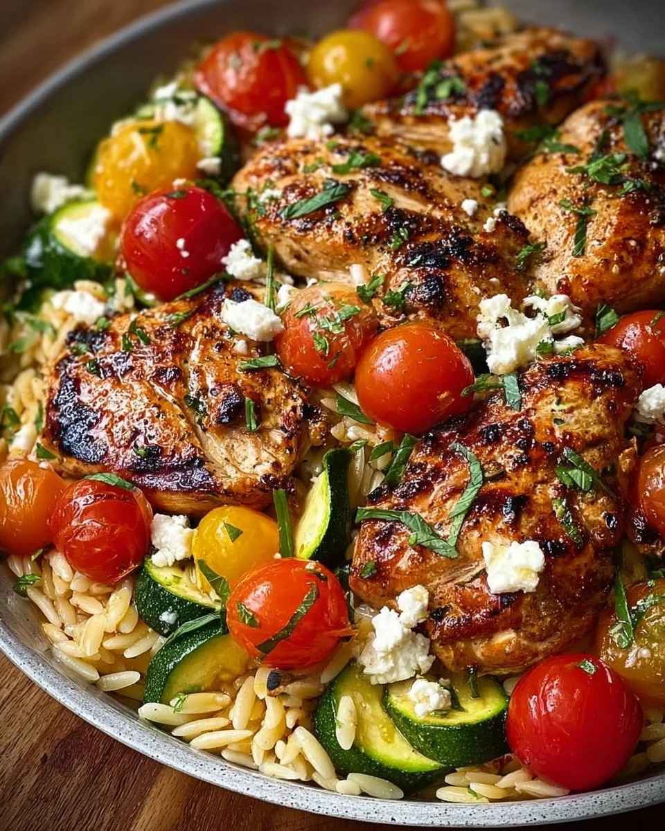 Mediterranean Chicken and Orzo Skillet featuring fresh vegetables and herbs.
