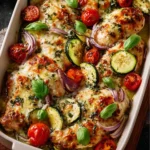 Mediterranean Chicken and Zucchini Casserole dish served in a baking dish