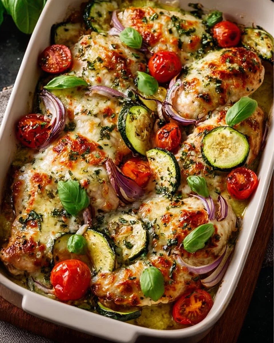 Mediterranean Chicken and Zucchini Casserole dish served in a baking dish