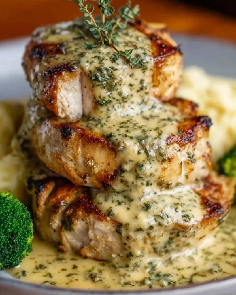 Plate of Mediterranean Chicken in Boursin Sauce garnished with herbs