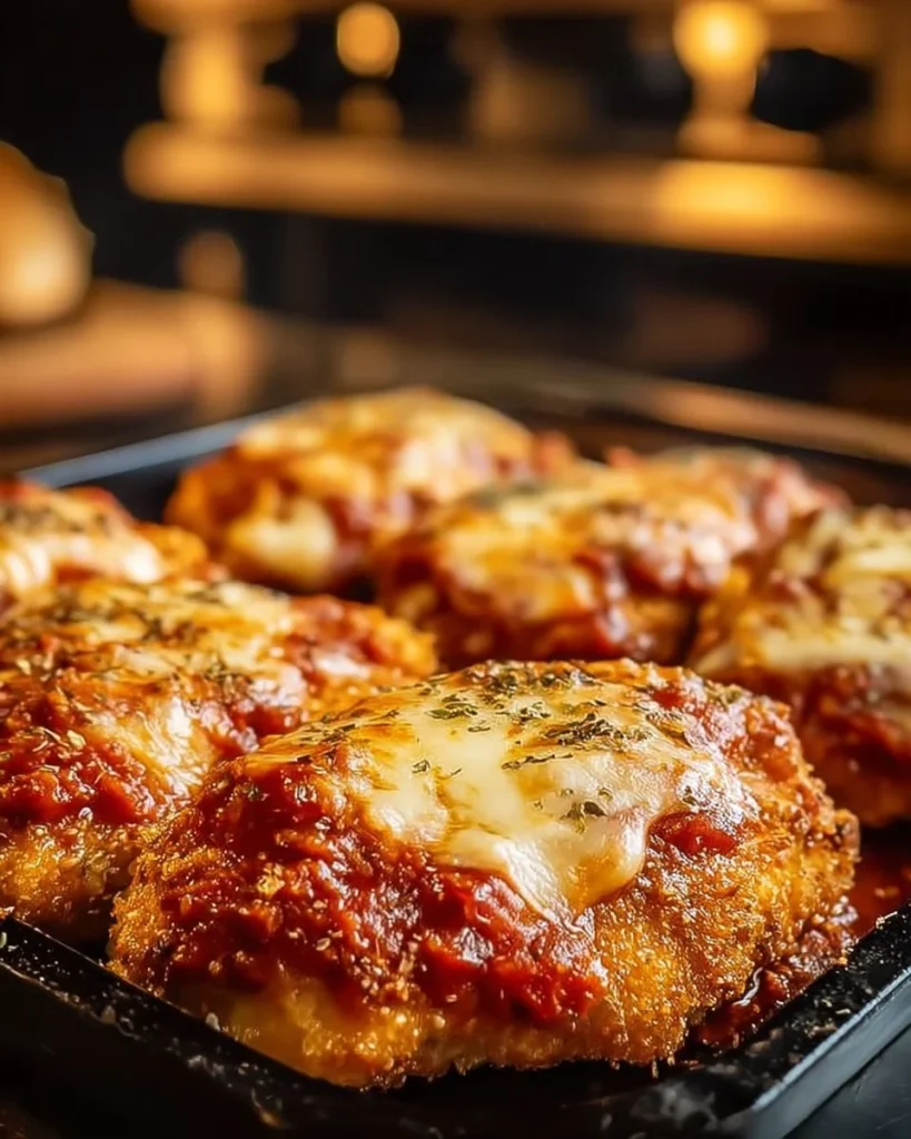 Mediterranean Chicken Parmesan with herbs and cheese on a plate