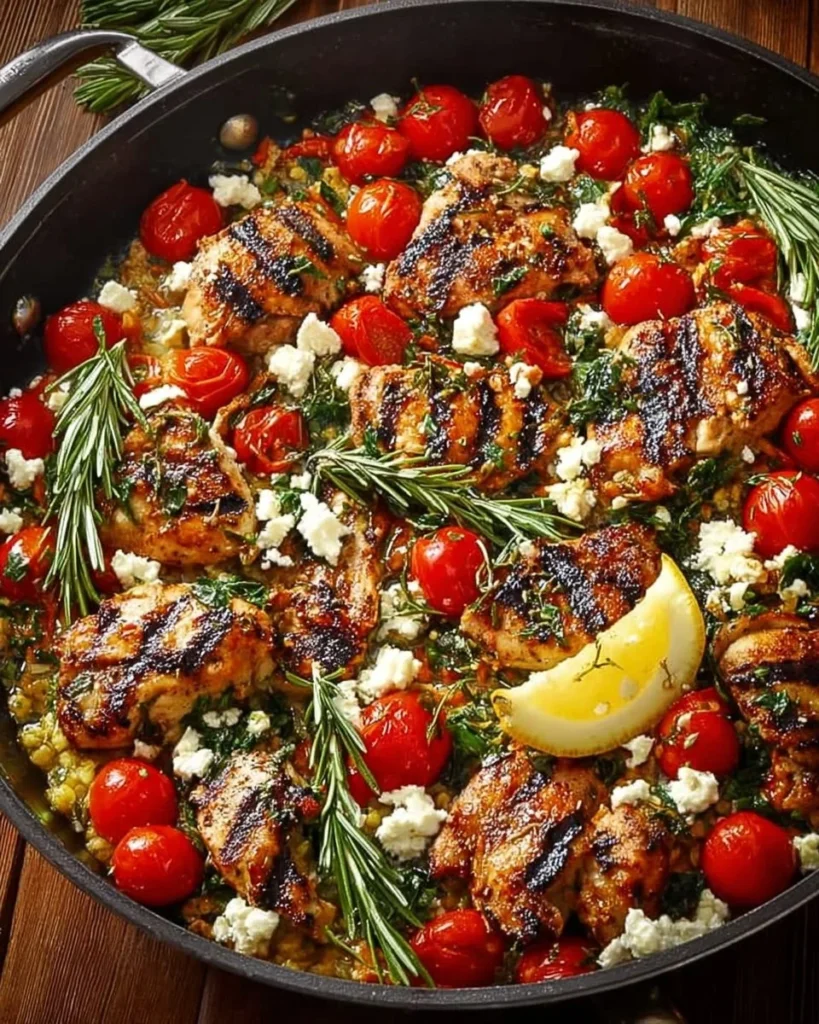 Mediterranean Chicken Rice Bowl topped with feta cheese and fresh tomatoes