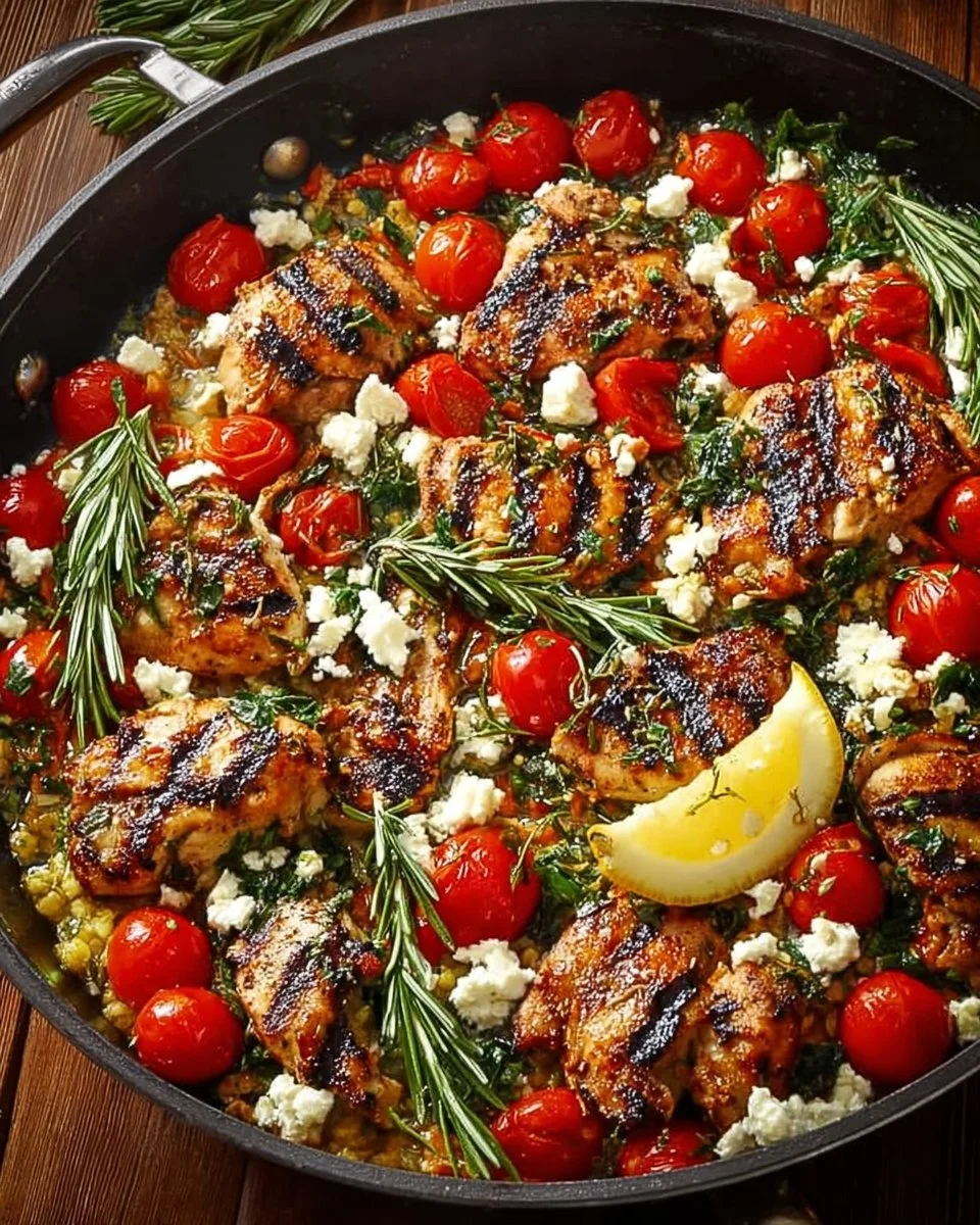 Mediterranean Chicken Rice Bowl topped with feta cheese and fresh tomatoes