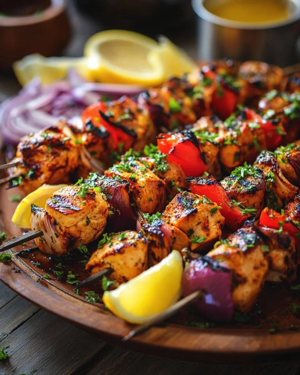 Grilled Mediterranean chicken skewers with colorful vegetables