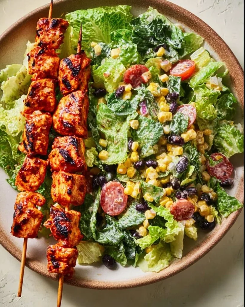 Mediterranean chicken skewers served with a vibrant mixed salad