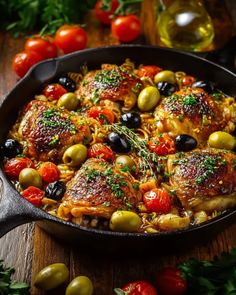 Mediterranean chicken served with orzo and olives in a vibrant dish
