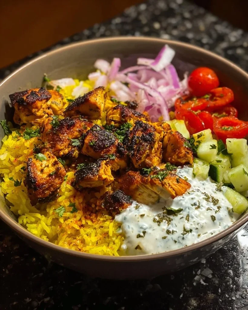 Mediterranean Chicken and Yellow Rice Bowl garnished with fresh vegetables