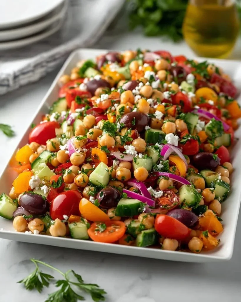 Mediterranean Chickpea Salad with fresh vegetables and lemon vinaigrette dressing