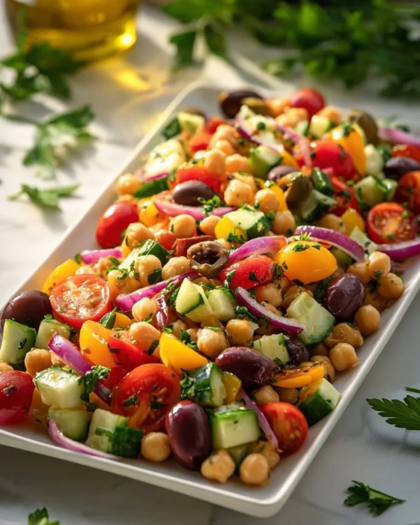 Mediterranean Chickpea Salad with fresh vegetables and lemon vinaigrette dressing