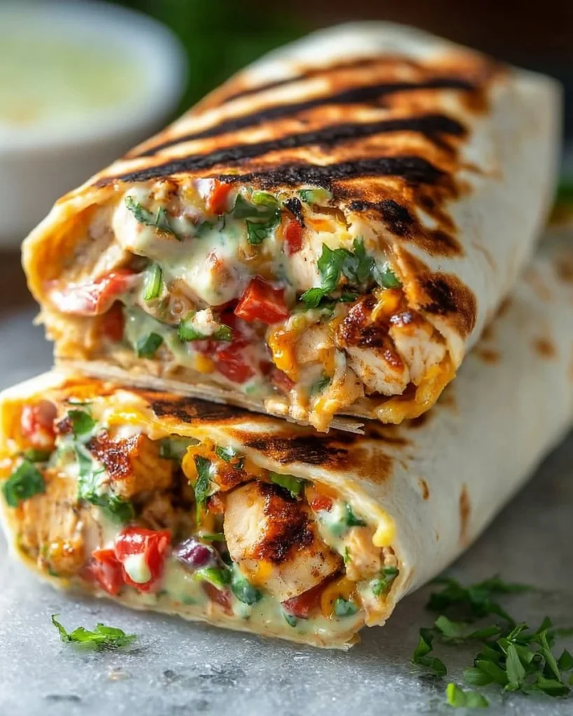Mediterranean Chipotle Ranch Grilled Chicken Burrito with fresh ingredients and vibrant flavors