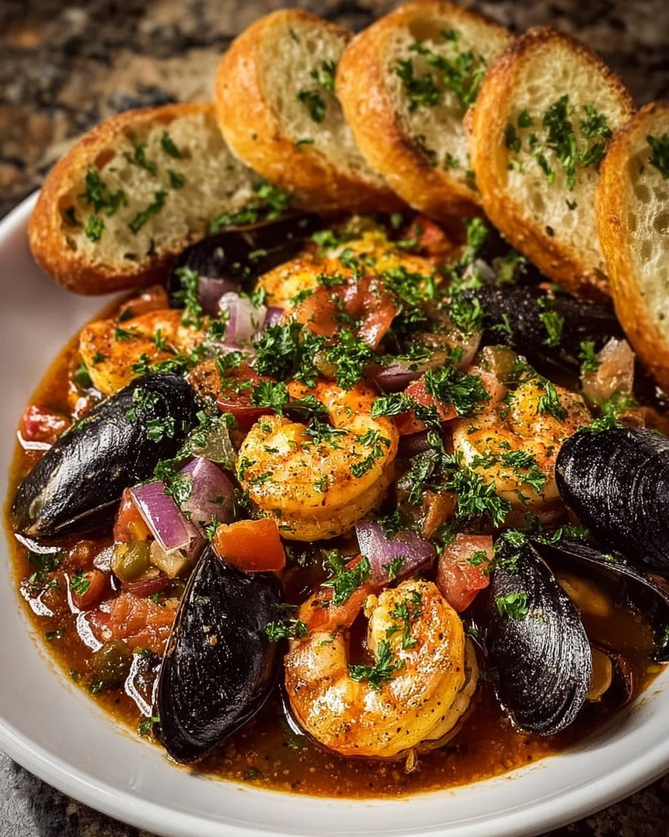 Bowl of traditional Mediterranean Bouillabaisse seafood stew with fresh herbs