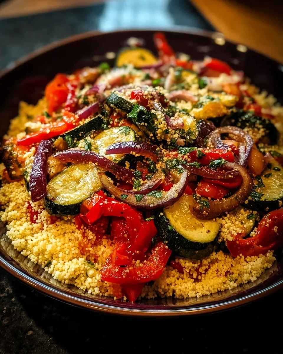 Mediterranean cold couscous salad with roasted veggies and feta cheese